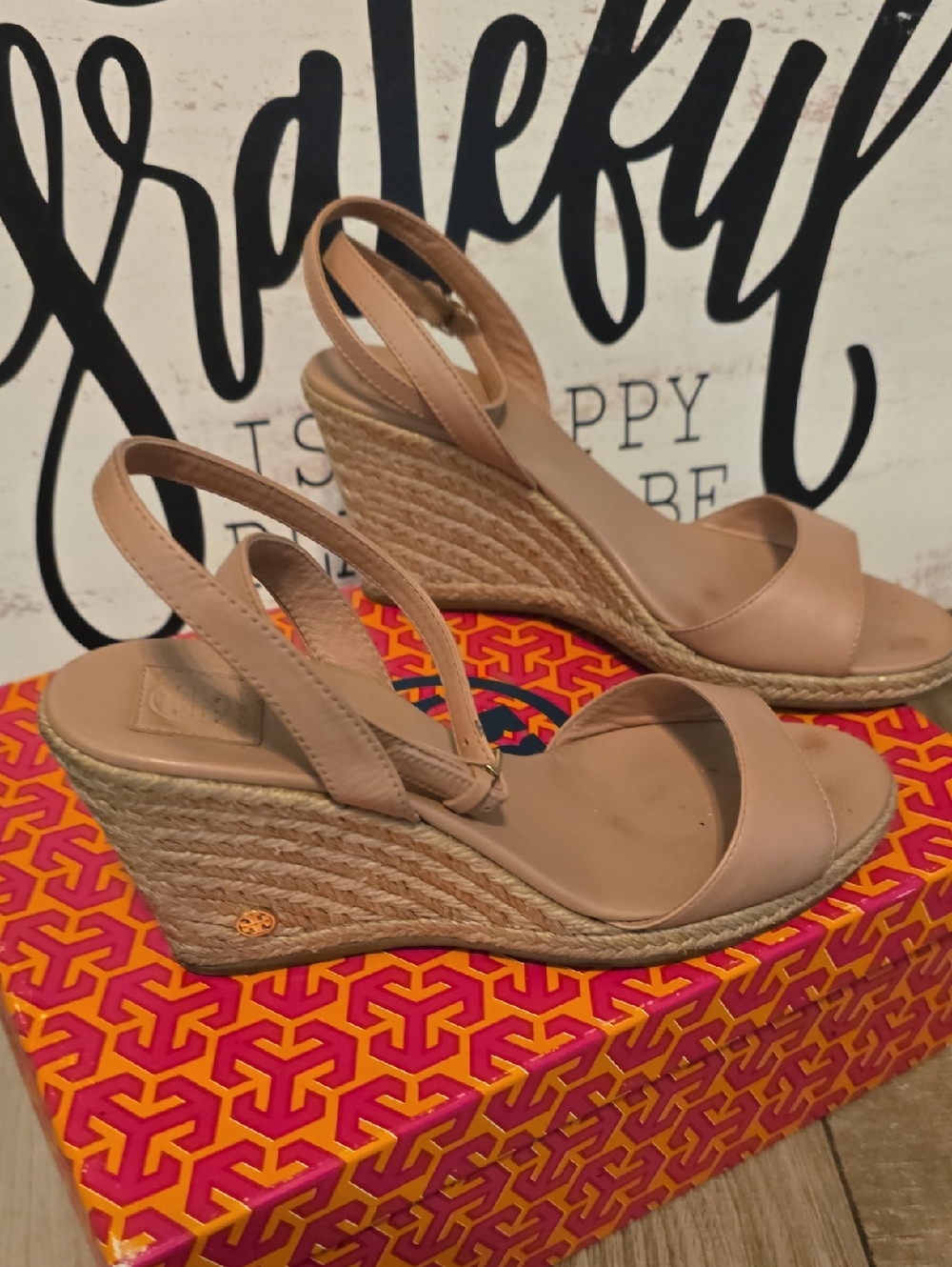 Tory Burch Nude Tan Espadrille Wedge Sandals